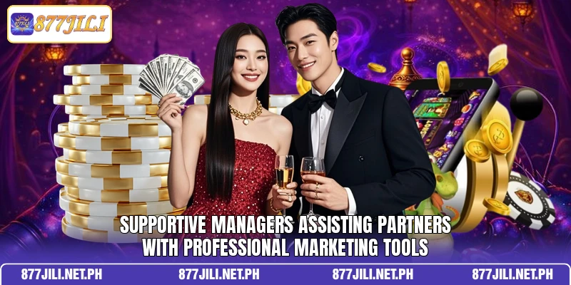 Supportive managers assisting partners with professional marketing tools