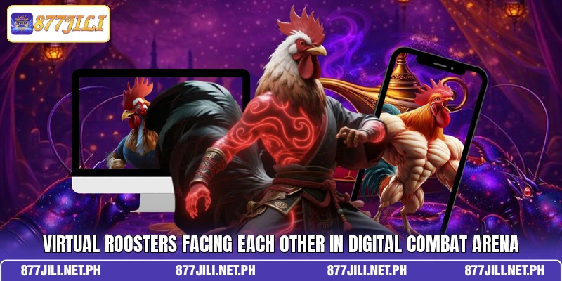 Virtual roosters facing each other in digital combat arena
